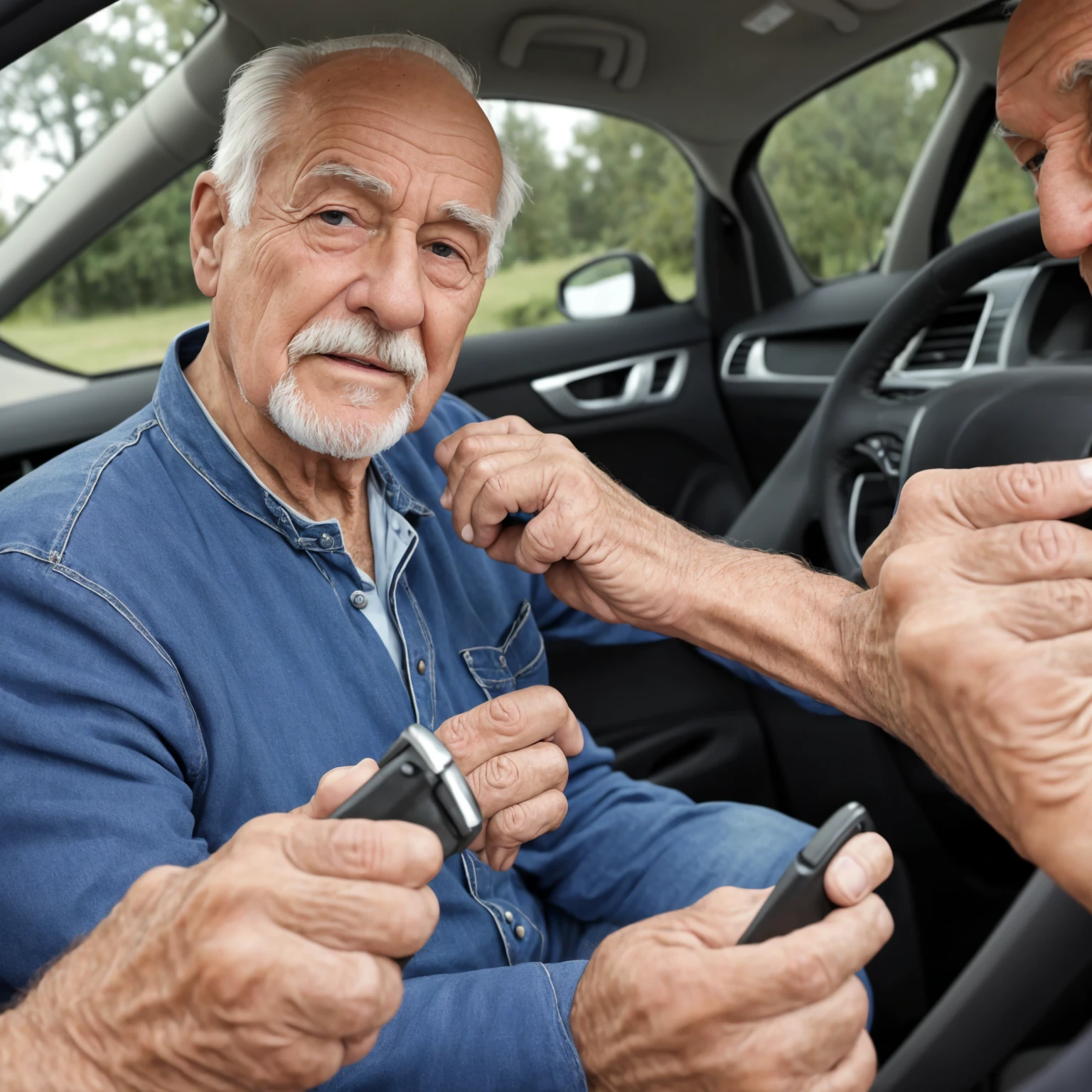 best quality, masterpiece, detailed, elderly man, Real picture, driving, Looking somewhere other than the front, Pretty hands, 5 fingers