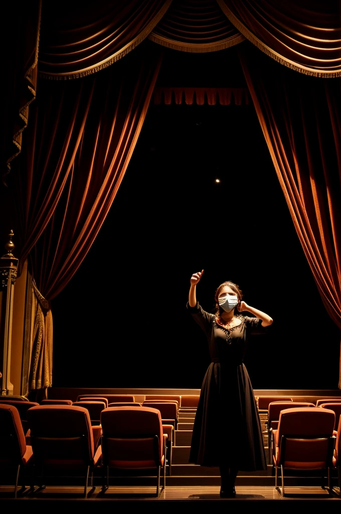A theater, a person giving a performance with masks on and the spectators also wearing masks so that the curtain can be seen as the protagonist 