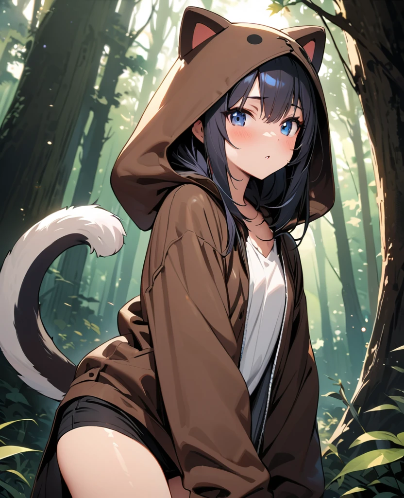 (Ultra high-res, masterpiece, best quality, ultra-detailed representation) ,A girl in Long-tailed Tit kigurumi, ,BREAK.cute,yo,in forest,shiny skin,