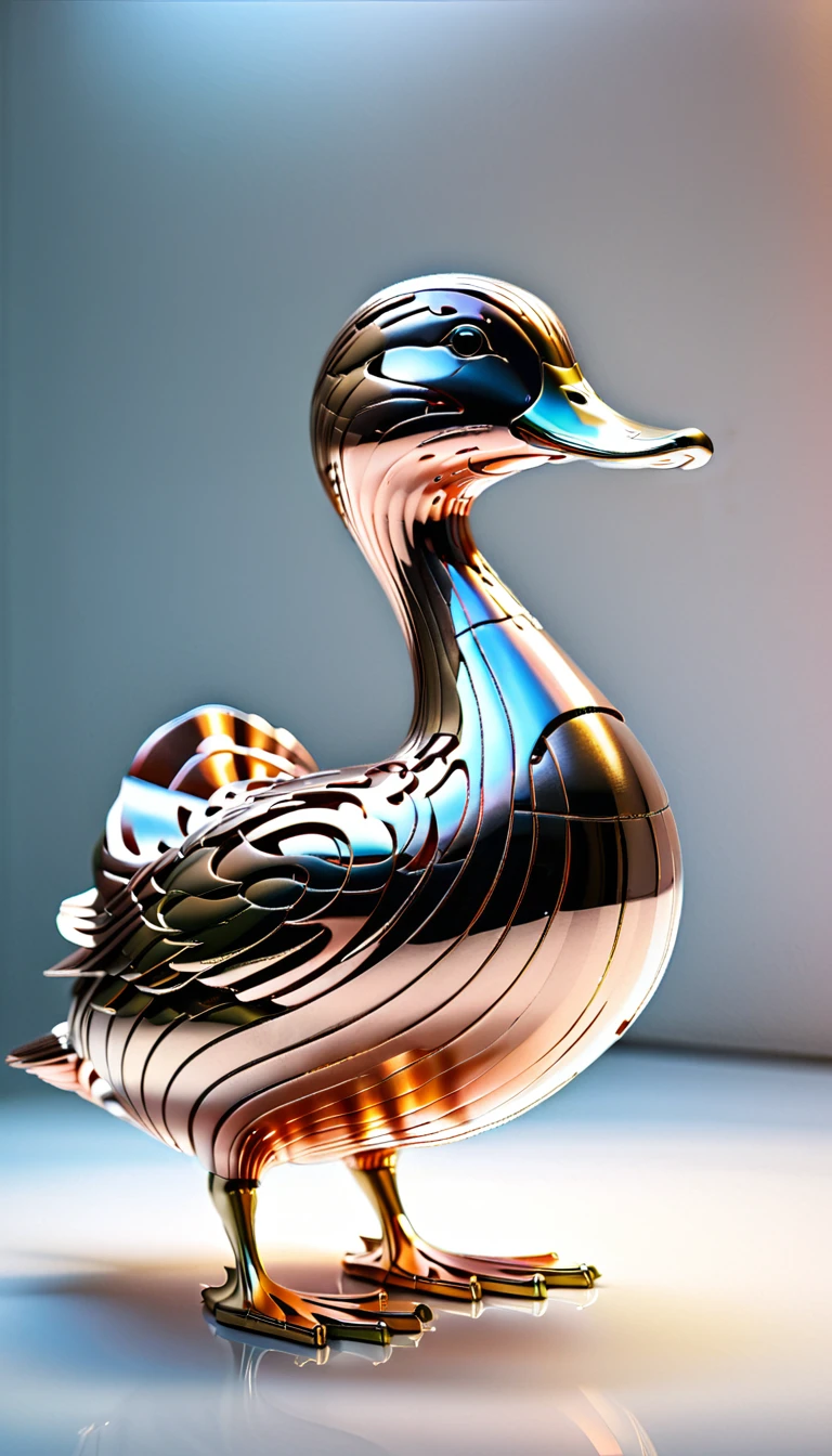 There is no one, realistic photo, duck, future oriented, metal decoration, Shining blush inside, hollow interior, Polish, ray tracing, intricate details, Very sharp, masterpiece, profile