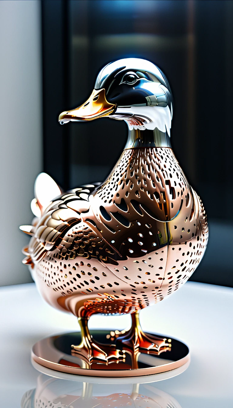 There is no one, realistic photo, duck, future oriented, metal decoration, Shining blush inside, hollow interior, Polish, ray tracing, intricate details, Very sharp, masterpiece, profile