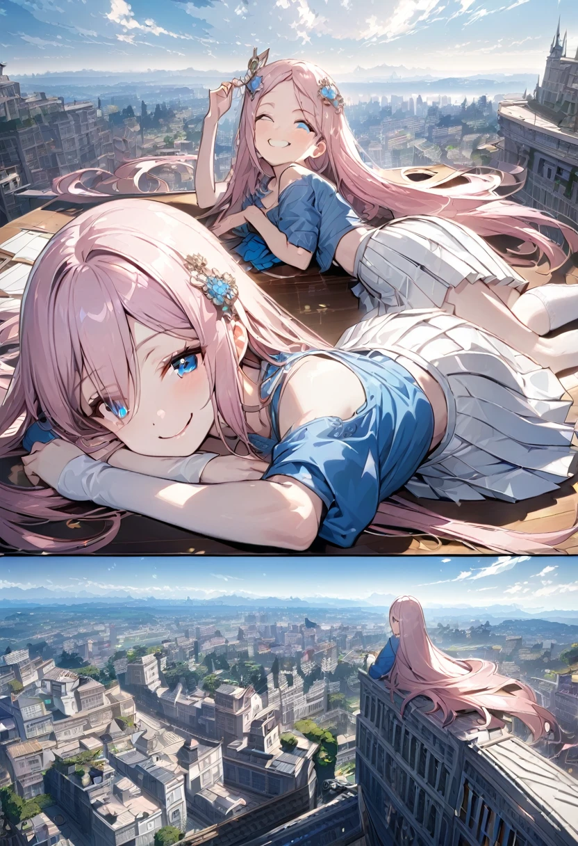 Official Art, masterpiece, Clear focus, (Beautiful, gorgeous and lovely Korean woman:1.3), (Beautiful and cute Korean:1.3), Korean beauty, Exquisite and beautiful hair、Eyes and face, Practical, Extremely detailed, beautiful girl, Blue sky, Glowing white particles, (Side Light:1.2), Sunlight, White Cloud, Detailed clouds, slim, Very cute big boobs and big butt, Smile with teeth bared, ((Smile with your eyes, Open your eyes)), landscape, Long and straight hair, Sexy facial expressions, architecture, (city View:1.7), Dynamic Hair, Long and straight hair, Detailed platinum pink hair, Blue eyes, (Blue Pleated Shirt + White skirt), White socks, Pale skin, Hair accessories, epic landscape,Lying on the table