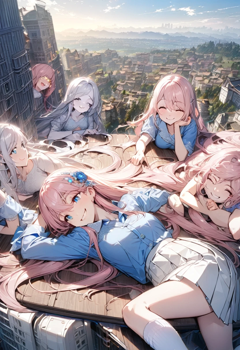Official Art, masterpiece, Clear focus, (Beautiful, gorgeous and lovely Korean woman:1.3), (Beautiful and cute Korean:1.3), Korean beauty, Exquisite and beautiful hair、Eyes and face, Practical, Extremely detailed, beautiful girl, Blue sky, Glowing white particles, (Side Light:1.2), Sunlight, White Cloud, Detailed clouds, slim, Very cute big boobs and big butt, Smile with teeth bared, ((Smile with your eyes, Open your eyes)), landscape, Long and straight hair, Sexy facial expressions, architecture, (city View:1.7), Dynamic Hair, Long and straight hair, Detailed platinum pink hair, Blue eyes, (Blue Pleated Shirt + White skirt), White socks, Pale skin, Hair accessories, epic landscape,Lying on the table