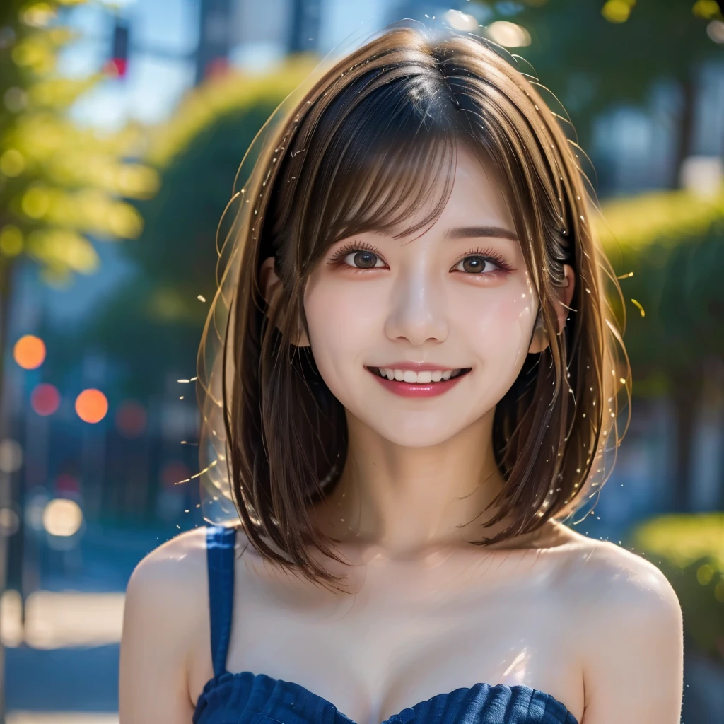 (RAW Photo, Best Quality), (Realistic, Photo Realistic: 1.3), Best Quality, Highly Detailed, Masterpiece, Ultra Detailed, 1 Girl, upper_body, Dynamic Angle, Extremely Detailed CG Unified 8k Wallpaper, Ink, Amazing, Movie upper_body, World Mastery Theater, messy_long_hair, Best Quality, Extremely Detailed CG Unified 8k Wallpaper, Ink, Amazing, Movie Lights, lens_flare, Detailed Face, (Deliberate expression: 1.5), sony master shot, woman posing for photo in front of tv, hi-res screenshot, normal hands, nice studio lighting, vhs screenshot, beautiful fine face, (Japanese teenage girl idol:1.5), performing on stage, (wearing blue-color idol costume:1.5), black short bob hairstyle, smiling