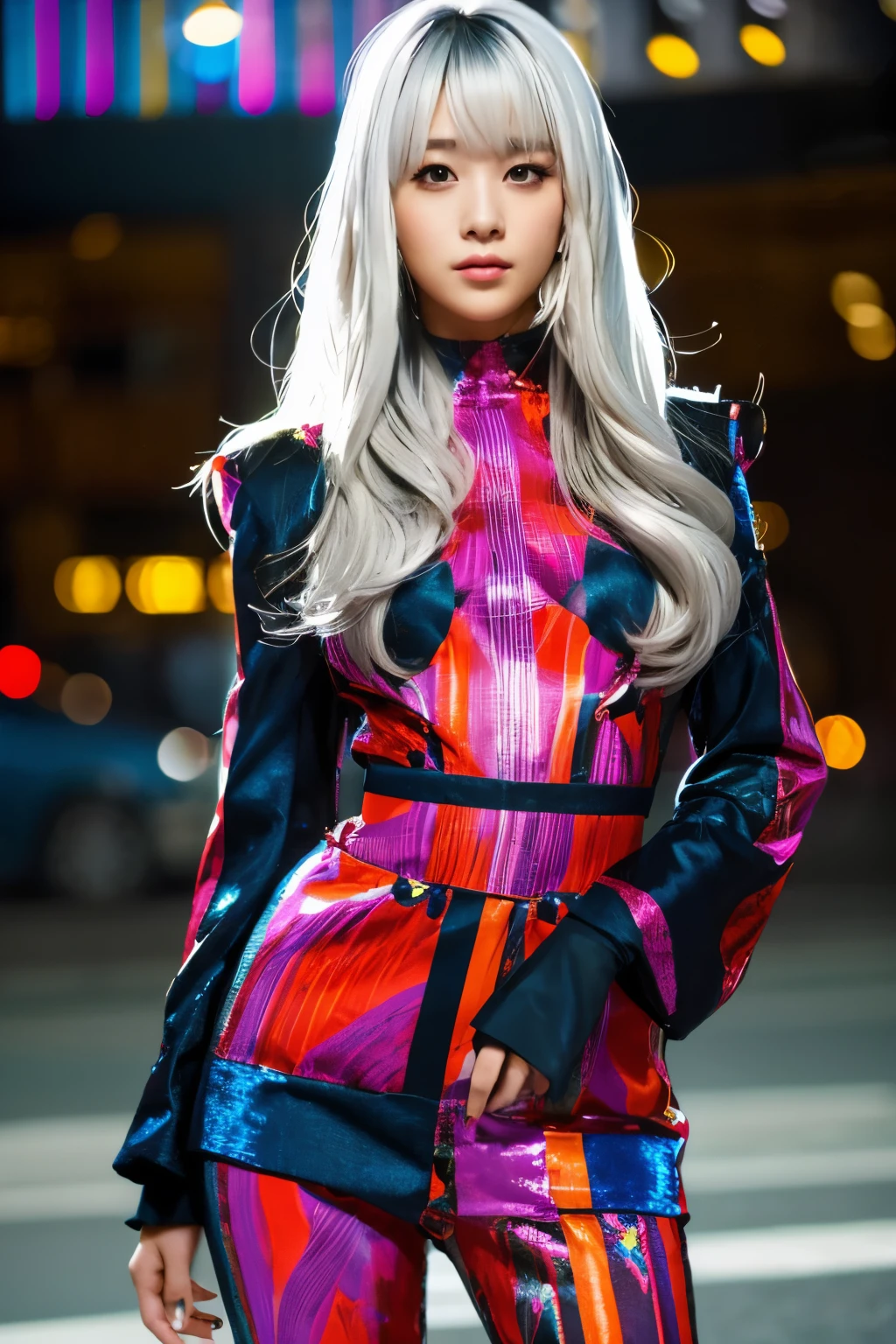 Masterpiece, high quality, high resolution, 8K, (solo:1.2), ((1girl)), Japanese woman, detailed face, detailed eyes, correct body structure, upper body, ((White hair:1.2)), very long hair, messy hair, slender body, seductive silhouette, luminous bones, depth of field, dark photo at nighttime, dimly lit, bangs, Cinematic Lighting, Tyndall effect, abstract background, futuristic outfits, vibrant colors, modern style, wide sleeves, artistic, unique patterns, colorful, stylish, trendy