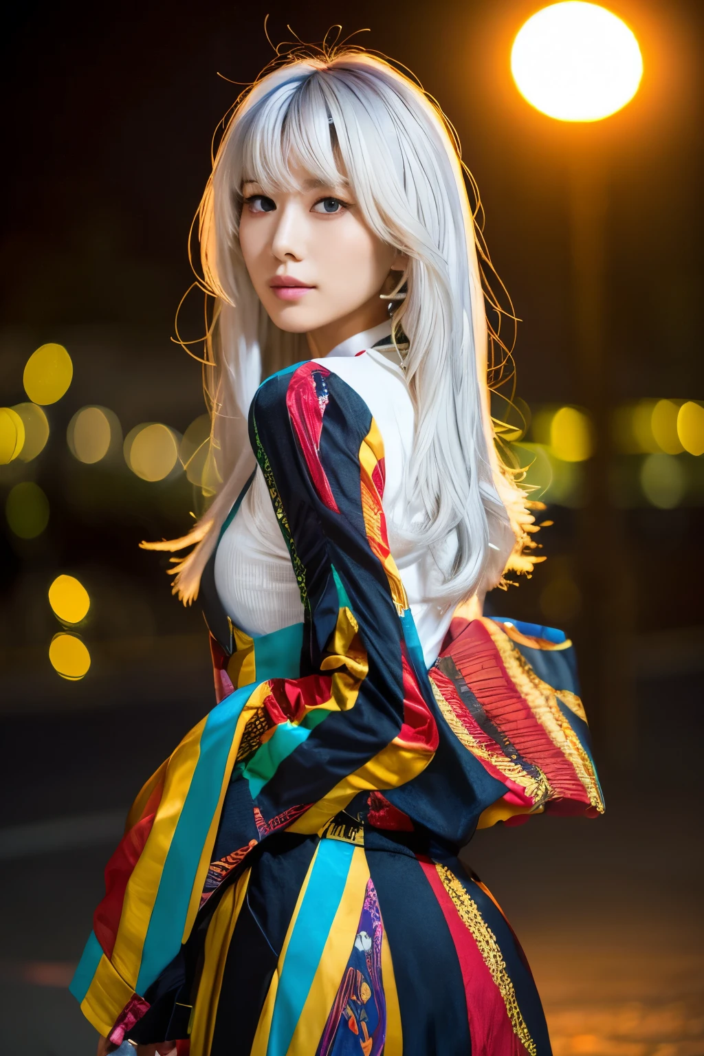 Masterpiece, high quality, high resolution, 8K, (solo:1.2), ((1girl)), Japanese woman, detailed face, detailed eyes, correct body structure, upper body, ((White hair:1.2)), very long hair, messy hair, slender body, seductive silhouette, luminous bones, depth of field, dark photo at nighttime, dimly lit, bangs, Cinematic Lighting, Tyndall effect, abstract background, futuristic outfits, vibrant colors, modern style, wide sleeves, artistic, unique patterns, colorful, stylish, trendy