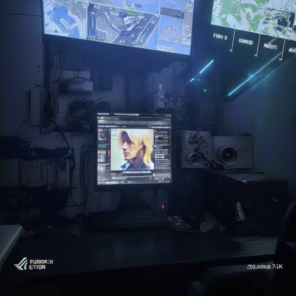 there is a computer screen with a photo of a man, computer screen image, in front of a computer, sitting at a control center, Pós-produção 8K, Pós-produção 8K, sitting in front of the computer, 8K. filling of the view, very low quality image, View from a news truck, reddit post