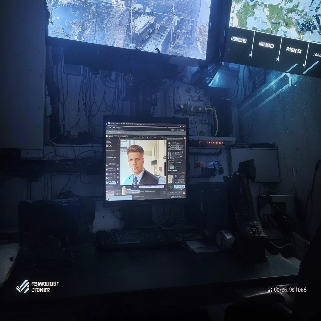 there is a computer screen with a photo of a man, computer screen image, in front of a computer, sitting at a control center, Pós-produção 8K, Pós-produção 8K, sitting in front of the computer, 8K. filling of the view, very low quality image, View from a news truck, reddit post