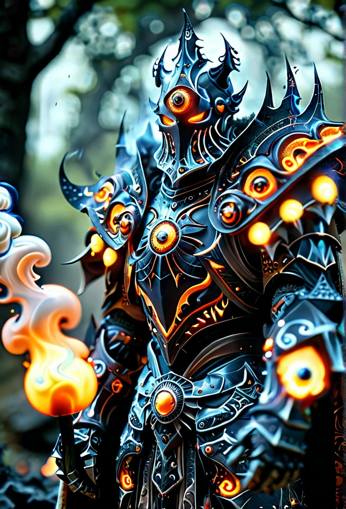 cinematic ,HKStyle, Soul Knight,fractal necromantic armor  ,cape, armor infused with a robe,glowing eyes,smoke, nature inspired, disturbing, blurry background, depressing, masterpiece, HD, 