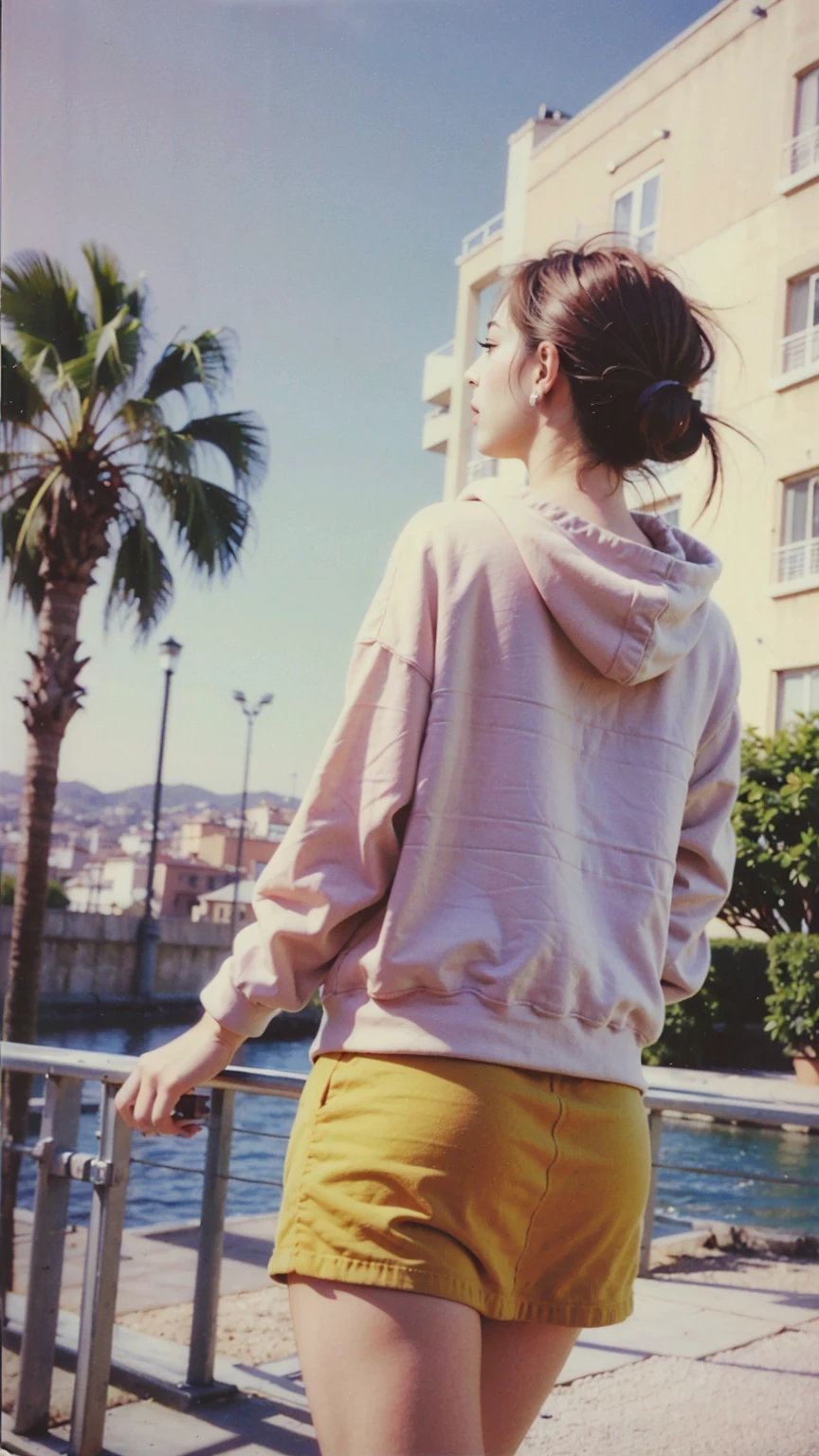 ((long shot photography)) ((best quality)), ((masterpiece)), (detailed),upper body,close-up, 8k, RAW photo,1 girl,real polaroid photo, beautiful, ultra-realistic,detail face ,light leak,dark intens shadow ,(black pixie hairstyles), almond eye, no makeup, (((blank orange oversized_hoodie))), (purple color tenis skirt),the scene takes in front on a balcony overlooking the luxurious harbor of Monte Carlo with yachts docked against a backdrop of the iconic Casino de Monte-Carlo, (very detailed:1.1),(from below:1.2), (realistic:1.1), (surreal:1.2),palm trees,sunny,summer, blue sky