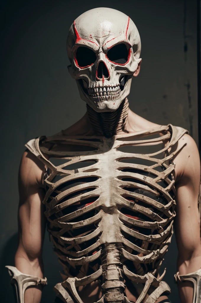 Biker with terrifying skeletal mask with red eyes standing without his bike