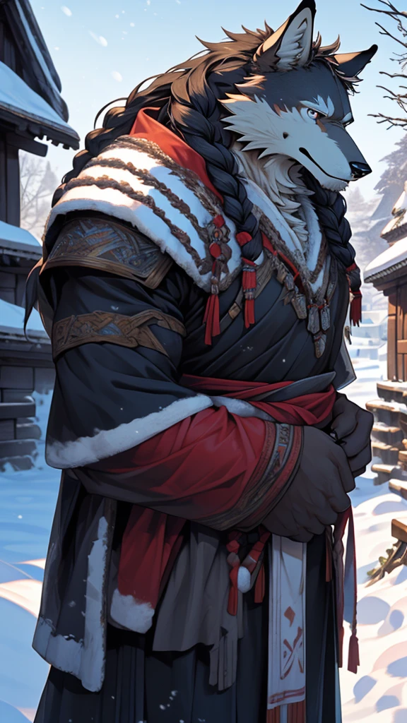 (photorealistic:1.4), 8k, (masterpiece), best quality, highest quality, (highly detailed fur:1.5), (detailed face:1.5), (realistic eyes), original, highres, unparalleled masterpiece, ultra realistic 8k, perfect artwork, grey wolf, male, middle aged, (general:1.2), armor, scars, long hair, braided hair, white braids, cold northern environment, (snowy:1.2), (ruins of snow-covered village:1.3), (search and rescue operation:1.2), frostbite