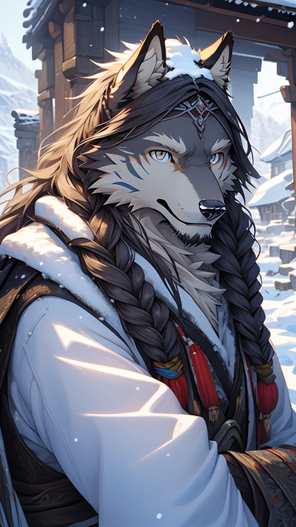 (photorealistic:1.4), 8k, (masterpiece), best quality, highest quality, (highly detailed fur:1.5), (detailed face:1.5), (realistic eyes), original, highres, unparalleled masterpiece, ultra realistic 8k, perfect artwork, grey wolf, male, middle aged, (general:1.2), armor, scars, long hair, braided hair, white braids, cold northern environment, (snowy:1.2), (ruins of snow-covered village:1.3), (search and rescue operation:1.2), frostbite