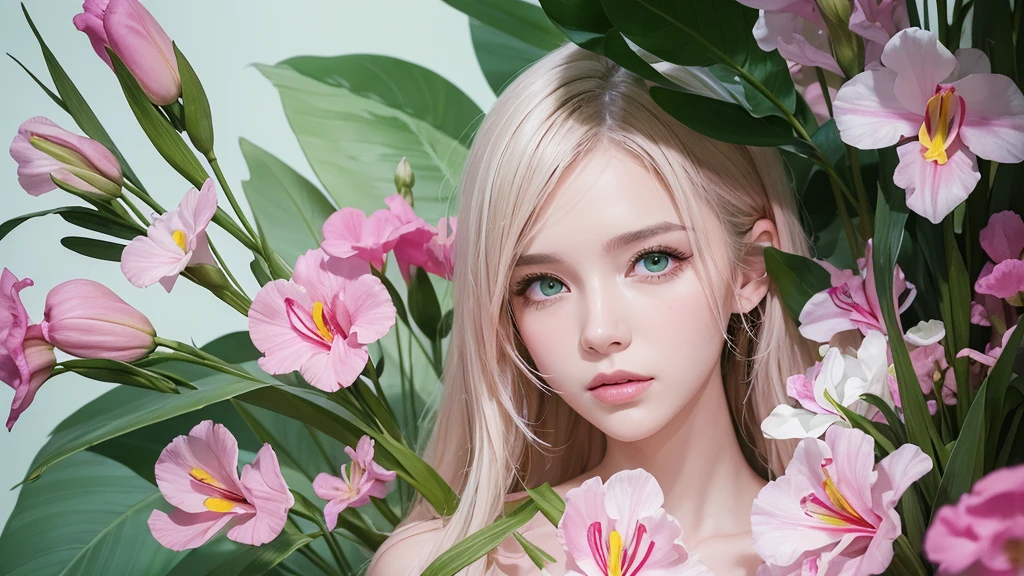 32k, Masterpiece, Highest quality, One girl, Detailed eyes, flower,gladiolus, Green and pink style,A dreamy, romantic piece,Pale pink, Mysterious Leaves,A playful arrangement,Fantasy,High Contrast,Ink strokes,explosion,Exposure, Impression of green and white tones,Abstract,((Watercolours by John Berkey and Jeremy Mann )) Brush strokes,Negative Space, Tyndall effect,