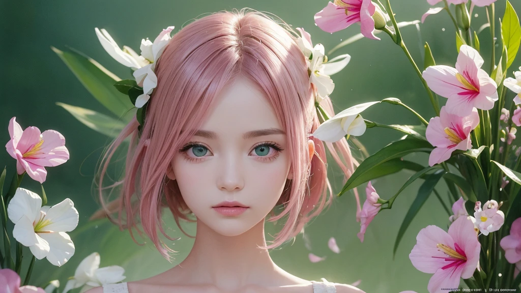32k, Masterpiece, Highest quality, One girl, Detailed eyes, flower,gladiolus, Green and pink style,A dreamy, romantic piece,Pale pink, Mysterious Leaves,A playful arrangement,Fantasy,High Contrast,Ink strokes,explosion,Exposure, Impression of green and white tones,Abstract,((Watercolours by John Berkey and Jeremy Mann )) Brush strokes,Negative Space, Tyndall effect,