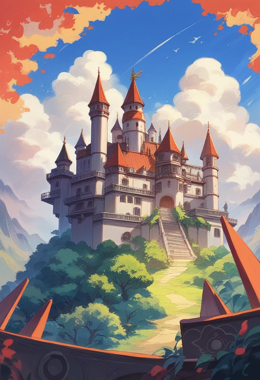 Gamecube era mario flipping off viewer ontop of parapets of a castle, anime, ova, studio ghibli
