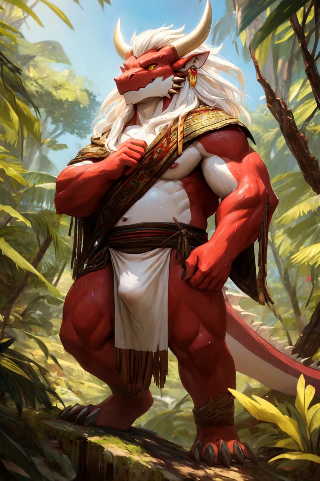ultra-detailed, masterpiece, masterwork, high quality, best quality, hdr, (nature), nsfw, male, solo, chibi, dragon, ((bare kimono, bulge loincloth, white loincloth)), (little red body minotaur), (white chubby body), (long golden hair, yellow eyes, cool eyes), standing, cross your arms, dynamic angle, earrings, sweat