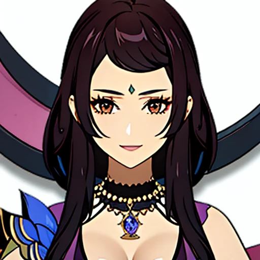 [a beautiful mature woman with a seductive smile and parted lips against a white background. She has sharp eyelashes, perfect brown eyes,  long black hair with bangs. His figure is voluptuous, with a narrow waist, Broad Hips, and huge breasts. The image has a style inspired by Genshin impact, with necklace with a purple crystal, rendered in high detail and HDR quality as a stunning work of art.] Full HD 