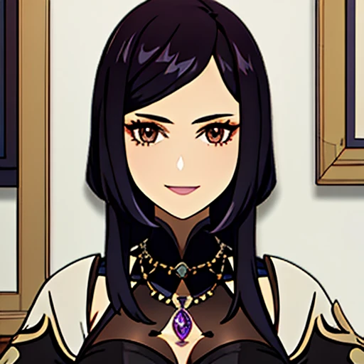 [a beautiful mature woman with a seductive smile and parted lips against a white background. She has sharp eyelashes, perfect brown eyes,  long black hair with bangs. His figure is voluptuous, with a narrow waist, Broad Hips, and huge breasts. The image has a style inspired by Genshin impact, with necklace with a purple crystal, rendered in high detail and HDR quality as a stunning work of art.] Full HD 