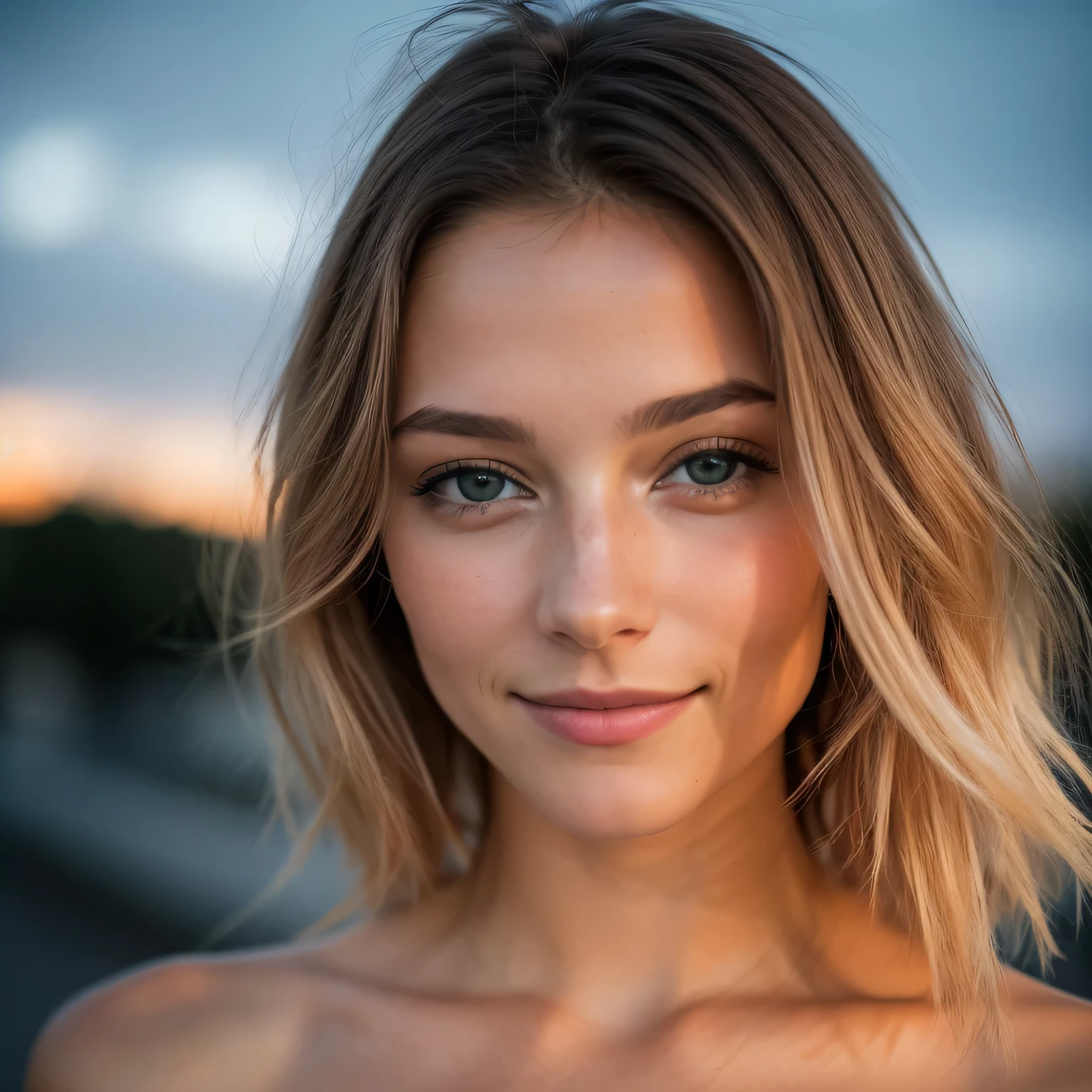 photo portrait RAW UHD, une jeune ébène des Caraïbes âgée de 19 ans, cheveux bouclées brun, yeux vert, souriante , corps mince, gros seins, Détails(textures cheveux, visage très détaillées en regardant la caméra), éclairage reflex,Appareil photo reflex, ultra-qualité, acuité, profondeur de champ, grain de film (centre), Fujifilm XT3, 35 mm limpide, frame centre, visage magnifique avec maquillage, netteté, coucher de soleil orange, bokeh (faiblement éclairé), nuit, (nuit sky), pores de peau détaillés! , peau bronzée, complex eye Détails, Tout le corps, petits seins, souriant, quelques défauts de la peau!