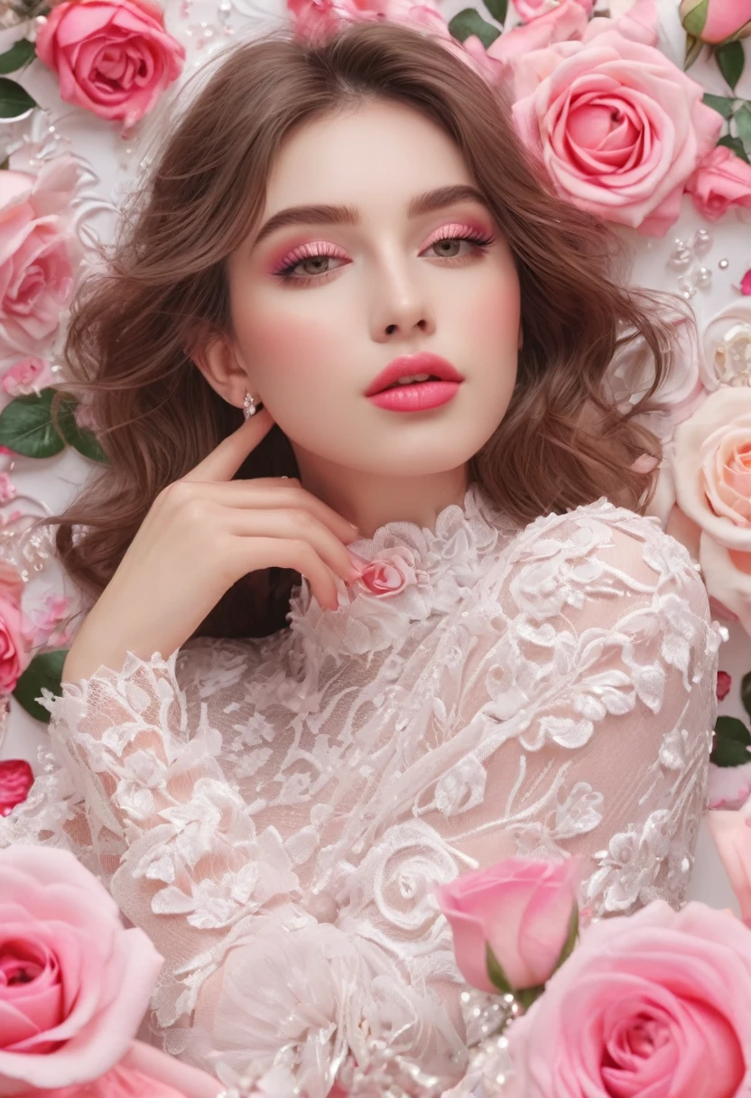Feminine, high detail and quality, 8K Ultra HD, 3D, beautiful woman, fuller lips, night, mysterious rose, (fashion magazine cover), seamless pattern, neutral pastel colors, mysterious off-white world, fabric art, art station, (a large number of detailed designs in pastel style that combine magic and fantasy: 1.4), splashes, wallpaper design aesthetics, white tones, realistic, super realistic, full color and impressive.
