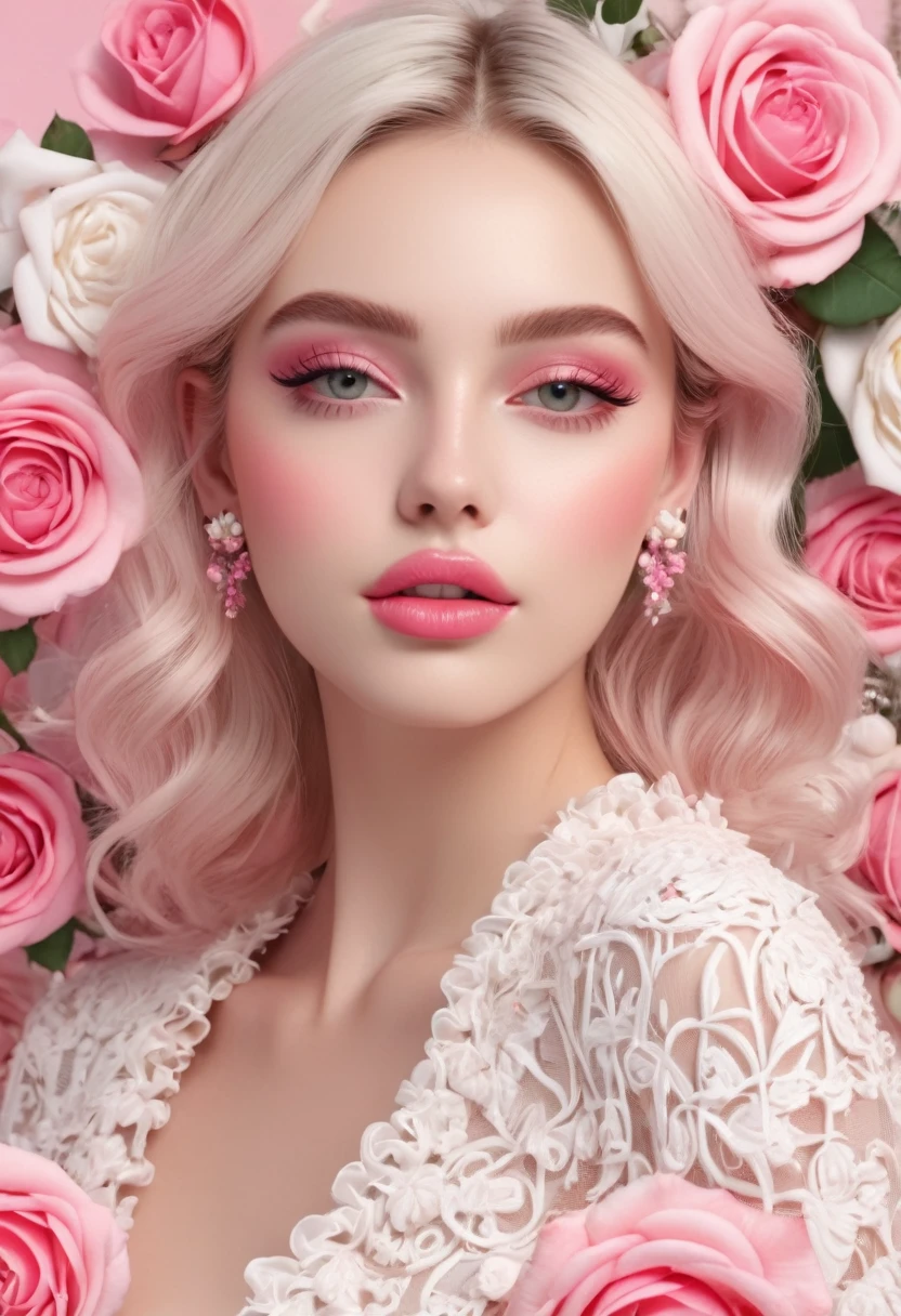 feminine,High detail and quality、8K Ultra HD、3d、Beautiful woman,Fuller lips、Pink Roses,Fashion magazine cover,Seamless patterns、Neutral pastel colors,Mysterious off-white world,Cloth Art、Art Station、A variety of detailed pastel designs combining magic and fantasy、Splash、Wallpaper design aesthetics、White Tone、Realistic、super Realistic、Full color and impressive。