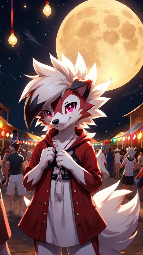 midnight Lycanroc, summer, festival, full moon, smiling softly 