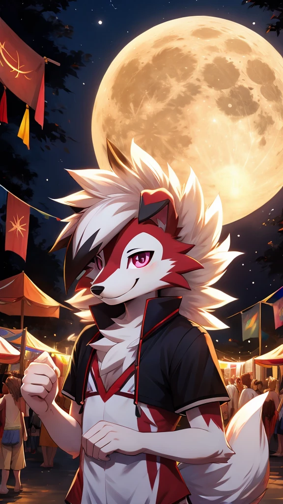 midnight Lycanroc, summer, festival, full moon, smiling softly 