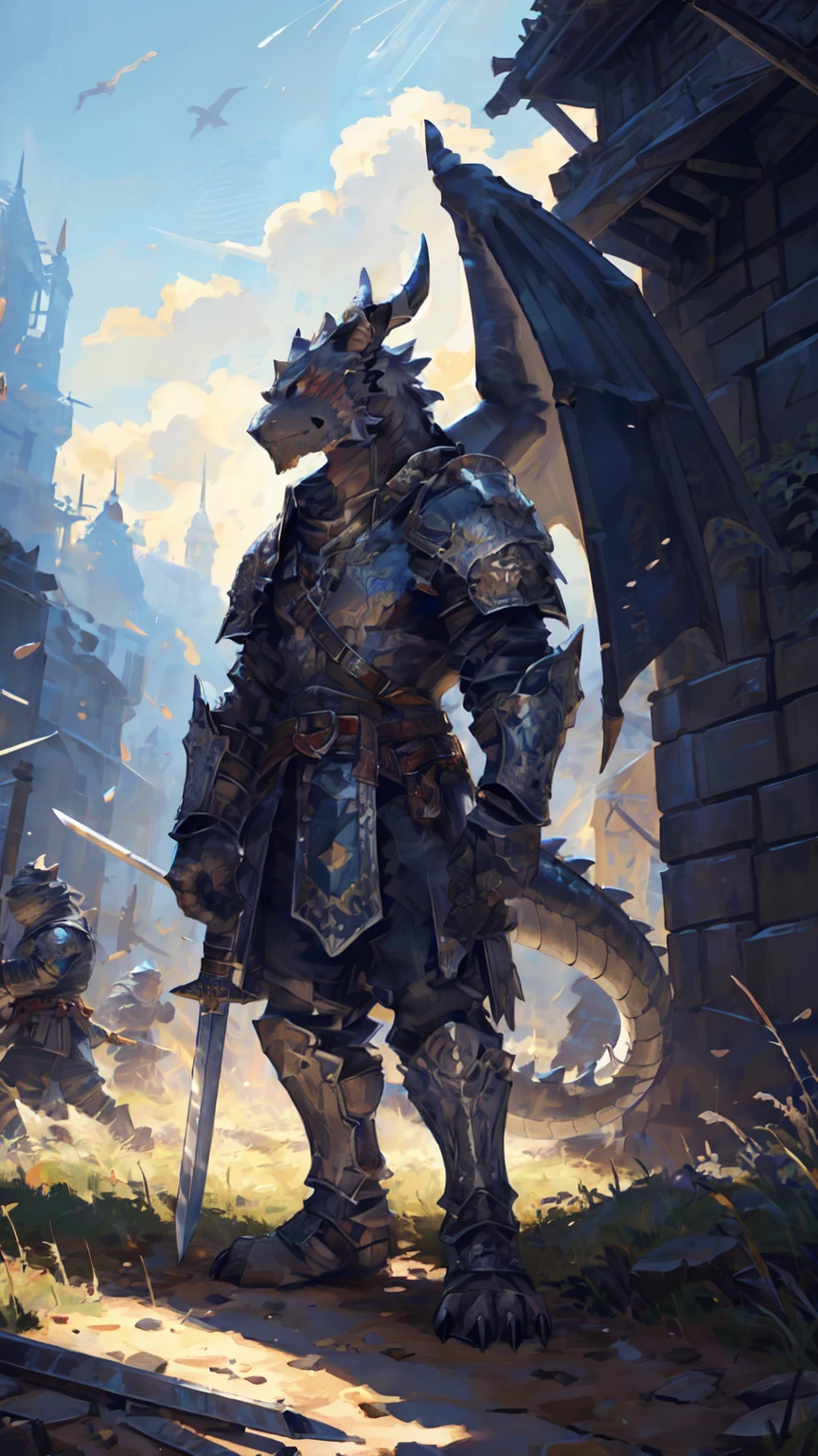 ((middle Ages:1.4，Battlefield Background:1.4))，(There are teammates behind:1.6)，((Crusu:1.3))，Sunlight，high resolution，4K，gay，(((whole body:1.1，Strike a pose)))，masterpiece，high quality，((dragon))，male，dragonFurry，(teenager:1.3)，hairy，((brave，Evil face:1.4))，((Kill your enemies bravely))，((Holding a long sword:1.2))，(((strong:1.4，Long legs:1.3，Thick dragon tail:1.2)))，(((Gray heads:1.2，Golden pupils:1.2，White Neck:1.3，Gray back of hands:1.4，White Skin:1.3)))，(((White Armor:1.3，There is a blue flag on the armor:1.4)))，Mature face，Exquisite eyes，Detailed body，Detailed hands，Detailed feet，Kenket&#39;s Art