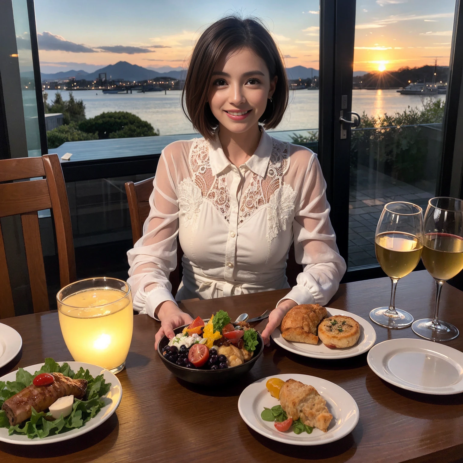 ((Highest quality、8K、masterpiece:1.3))、 (Ultra-realistic、 Genuine、Bright image、Intricate details:1.2), 最高のsmile、Slim Beauty、1 male、1 female、Beautiful couple、love love love、Slim lover、Lover in Sendai、actress couple、smile、Full-course dinner at a packed table、 (Slim face), (the body is slim), (Brown Hair), (short hair), テーブルのwine glass、Please shine a light on my face、 Amazing view of the sunset sky and clouds、37 years old 39 years old, red wine 、Appetizers、Wine bottle、sparkling wine、Long sleeve shirt、dress、White wine, red wine, wine glass,