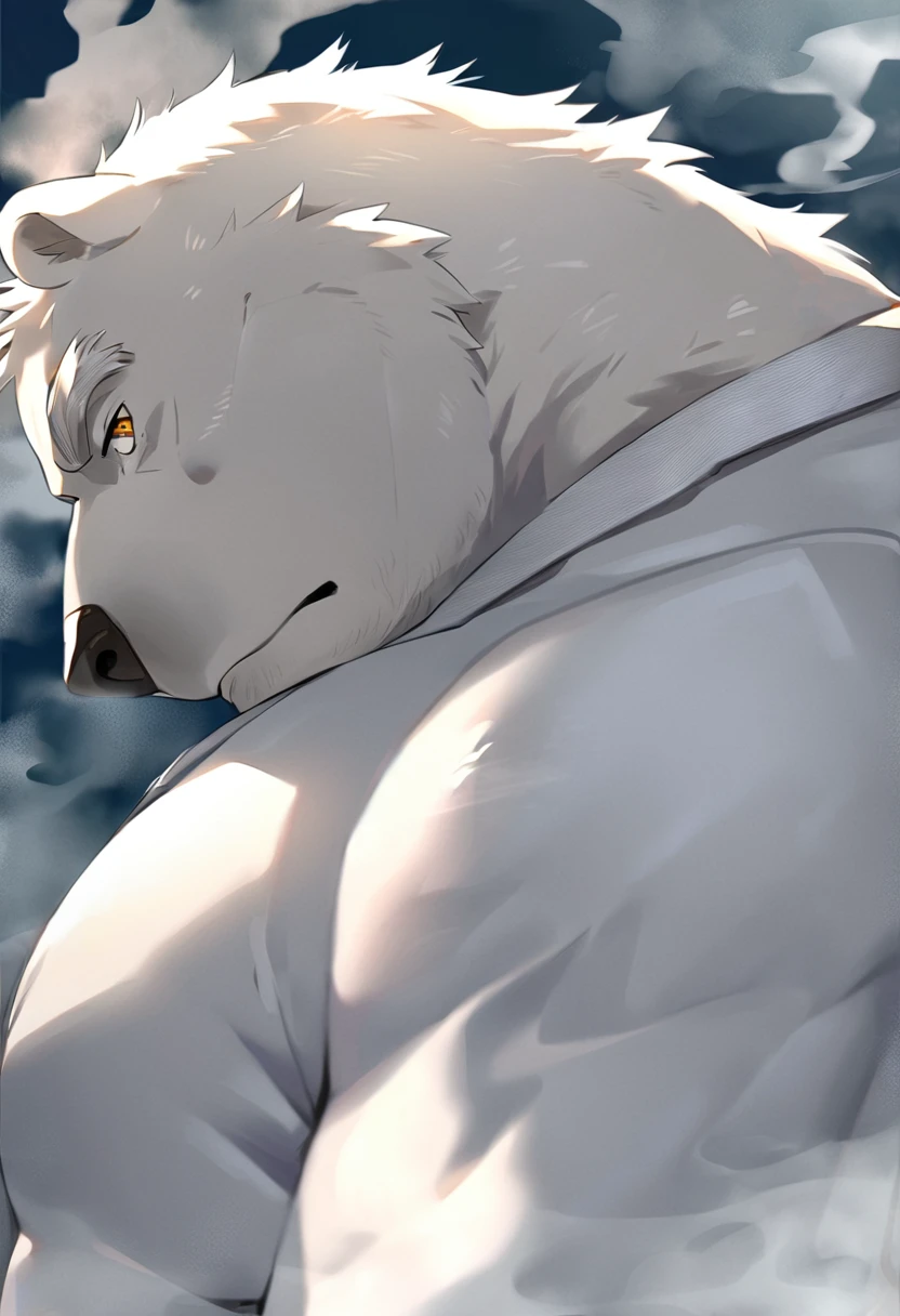 polar bear,personification,Mature male,Strong Man,White hair,naked,Cold expression,Golden pupils,Gray eyebrows,White suit suit,The Age of Steam。