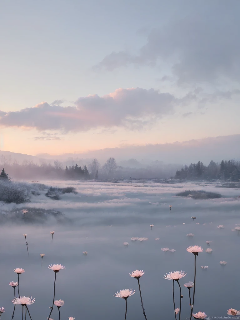 masterpiece of materpieces, PHOTOREALITIC, DENSE MIST. Smokey skies cast eerie light in the Anthropocene on a lake surrounded by cherry blossom trees, snow falling, pink dandelions covered in snow in enchanted forest, heavy mist and fog over the lake, fairy tale vibes, petals floating, dreamy looking, Sun burning like fire. Stars on the sky. Field filled with white flowers. PHOTOREALISTIC and cinematic. Nikon Z9