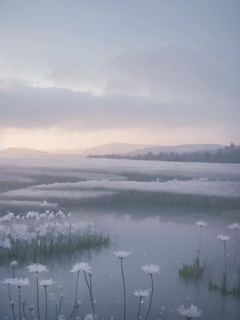 masterpiece of materpieces, PHOTOREALITIC, DENSE MIST. Smokey skies cast eerie light in the Anthropocene on a lake surrounded by cherry blossom trees, snow falling, pink dandelions covered in snow in enchanted forest, heavy mist and fog over the lake, fairy tale vibes, petals floating, dreamy looking, Sun burning like fire. Stars on the sky. Field filled with white flowers. PHOTOREALISTIC and cinematic. Nikon Z9