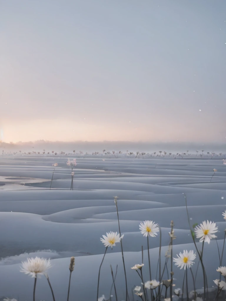 masterpiece of materpieces, PHOTOREALITIC, DENSE MIST. Smokey skies cast eerie light in the Anthropocene on a lake surrounded by cherry blossom trees, snow falling, pink dandelions covered in snow in enchanted forest, heavy mist and fog over the lake, fairy tale vibes, petals floating, dreamy looking, Sun burning like fire. Stars on the sky. Field filled with white flowers. PHOTOREALISTIC and cinematic. Nikon Z9
