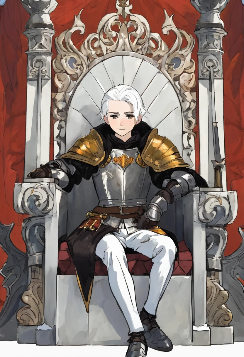 White white hair boy in a smirking face sitting in a throne and with a knight bow
