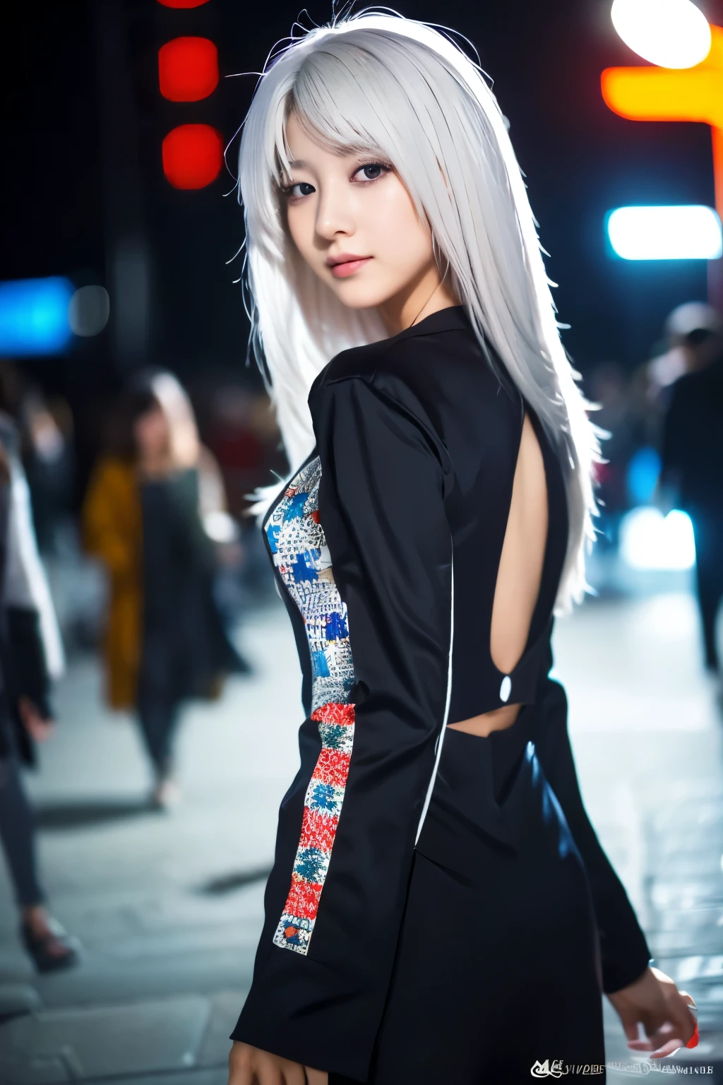 Masterpiece, high quality, high resolution, 8K, (solo:1.2), ((1girl)), Japanese woman, detailed face, detailed eyes, correct body structure, upper body, ((White hair:1.2)), very long hair, messy hair, slender body, seductive silhouette, luminous bones, depth of field, dark photo at nighttime, dimly lit, bangs, Cinematic Lighting, Tyndall effect, abstract background, futuristic outfits, vibrant colors, modern style, wide sleeves, artistic, unique patterns, colorful, stylish, trendy