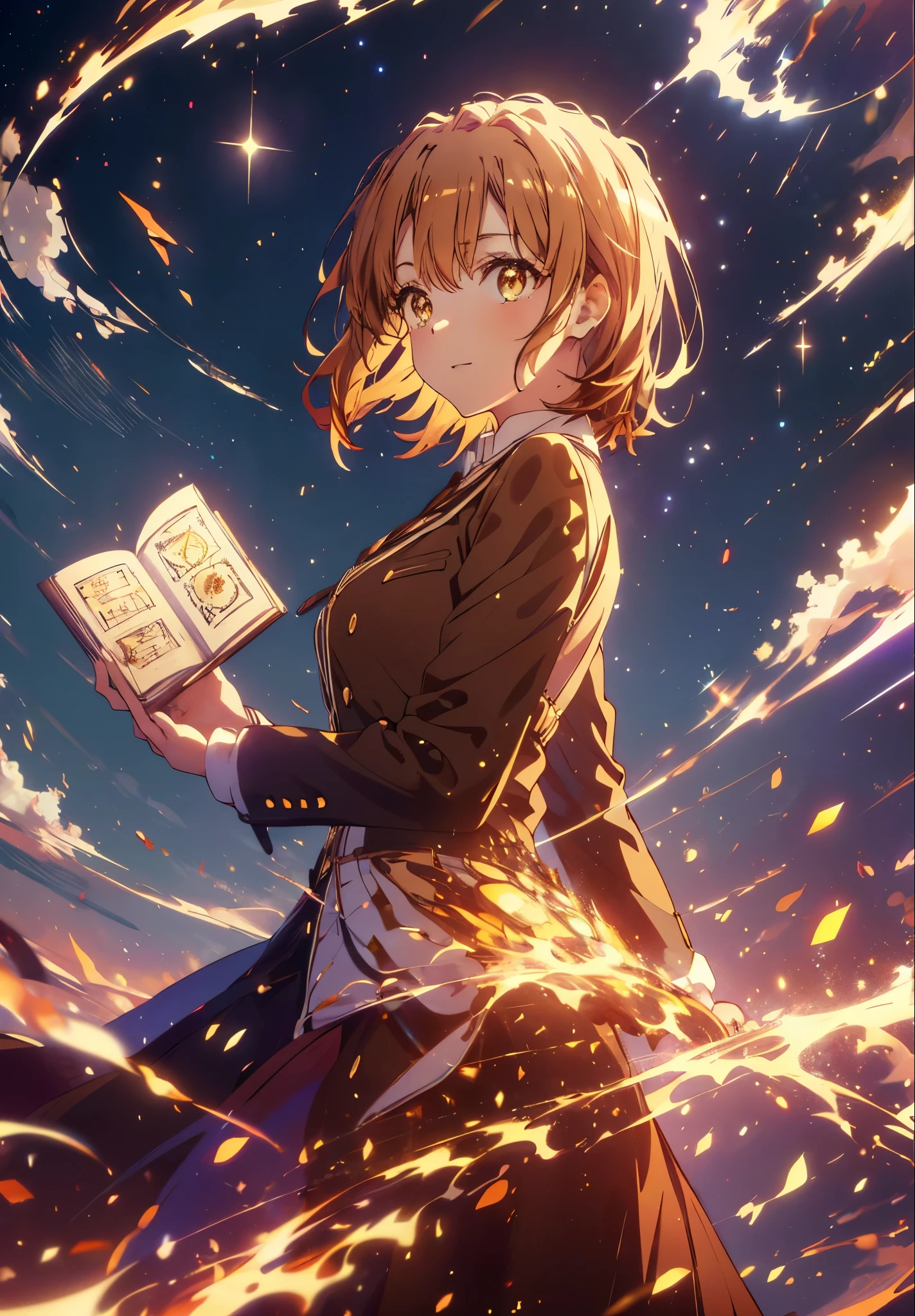 Irohaisshiki, isshiki iroha, Short Hair, Brown Hair, (Brown eyes:1.5), smile,((Night Sky)),((Big full moon)),((Sparkling and colorful stars)),Fluffy hair,((Idol style costume with soft volume)),Long skirt,Holding a magic book in his right hand,Uses magic with left hand,((witch)),Rubik's Square,
break outdoors, forest,forest
break looking at viewer,Upper Body,
break (masterpiece:1.2), Highest quality, High resolution, unity 8k wallpaper, (shape:0.8), (Narrow and beautiful eyes:1.6), Highly detailed face, Perfect lighting, Highly detailed CG, (Perfect hands, Perfect Anatomy),