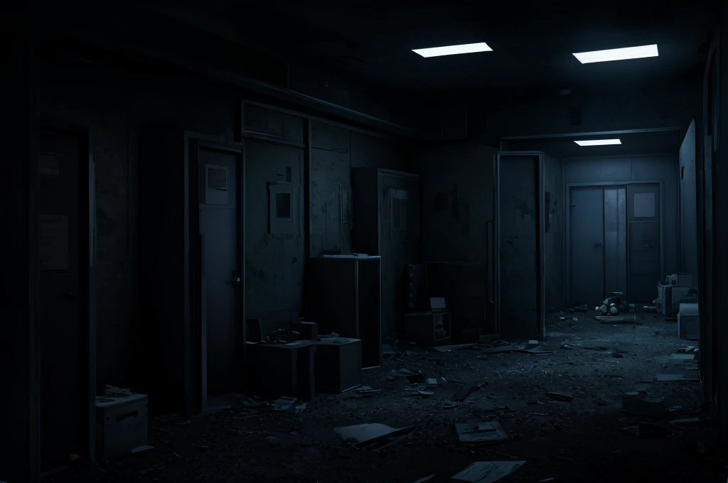 please draw an abandoned, nighttime setting. a security room with 8 monitors/TV's, a door opening (without door) on the left and another on the right. Some old stuffed animals lying around and no person in the scene. too dark. camera look to monitors