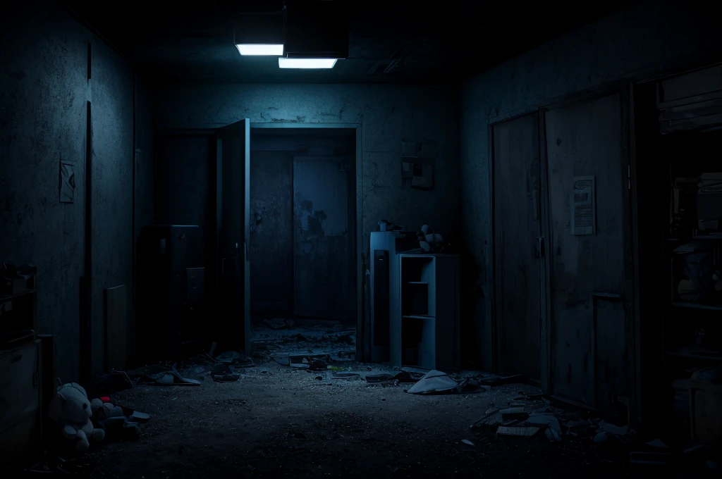 please draw an abandoned, nighttime setting. a security room with 8 monitors/TV's, a door opening (without door) on the left and another on the right. Some old stuffed animals lying around and no person in the scene. too dark. camera look to monitors