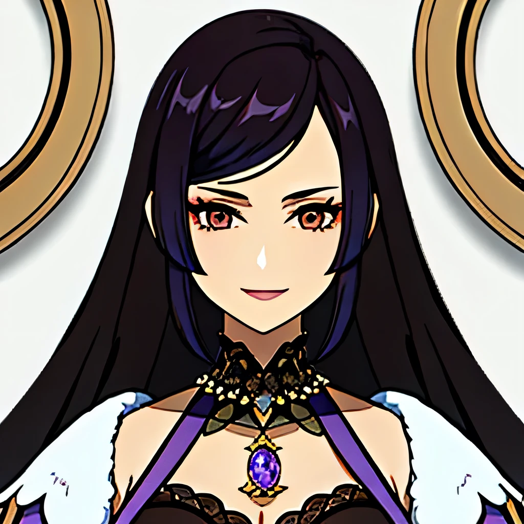 [a beautiful mature woman with a seductive smile and parted lips against a white background. She has sharp eyelashes, perfect brown eyes,  long black hair with bangs. His figure is voluptuous, with a narrow waist, Broad Hips, and huge breasts. The image has a style inspired by Genshin impact, with necklace with a purple crystal, rendered in high detail and HDR quality as a stunning work of art.] Full HD 