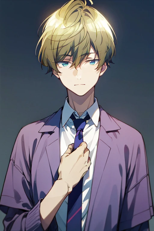 masterpiece, best quality, high quality, 1boy, solo, male focus, looking at viewer, upper body, takahiro_mizusawa, mauve blue eyes,  jewelry, hair between eyes, realistic, suit，gradient eyes，undercut mauve blue hair，expressionless，hand on own tie，tie，