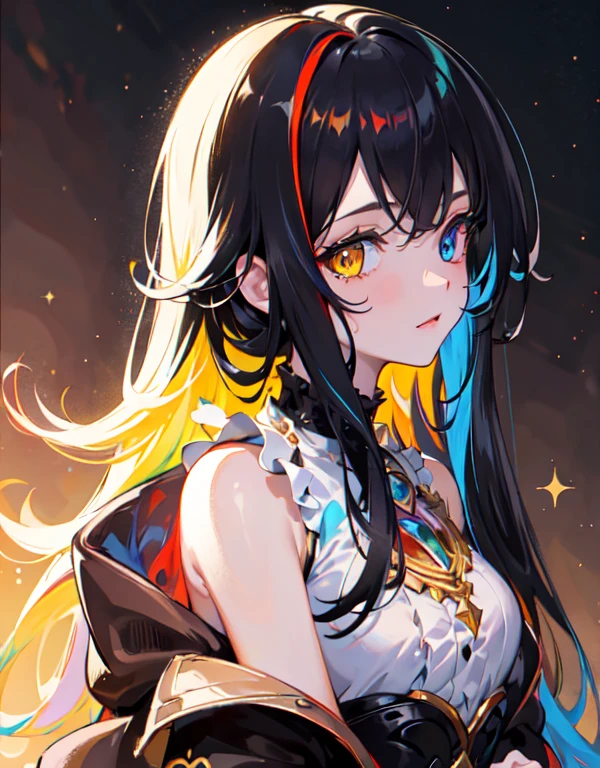 {{masterpiece}}, Highest quality, Highly detailed CG Unity 8k wallpaper, Cinema Lighting, Lens flare, Beautiful details in the eyes, black,  Sideways glance,  Multicolored Hair, colorful light, particle, Heterochromia iridis, (colorful:1.5), (colorful hair:1.5), 