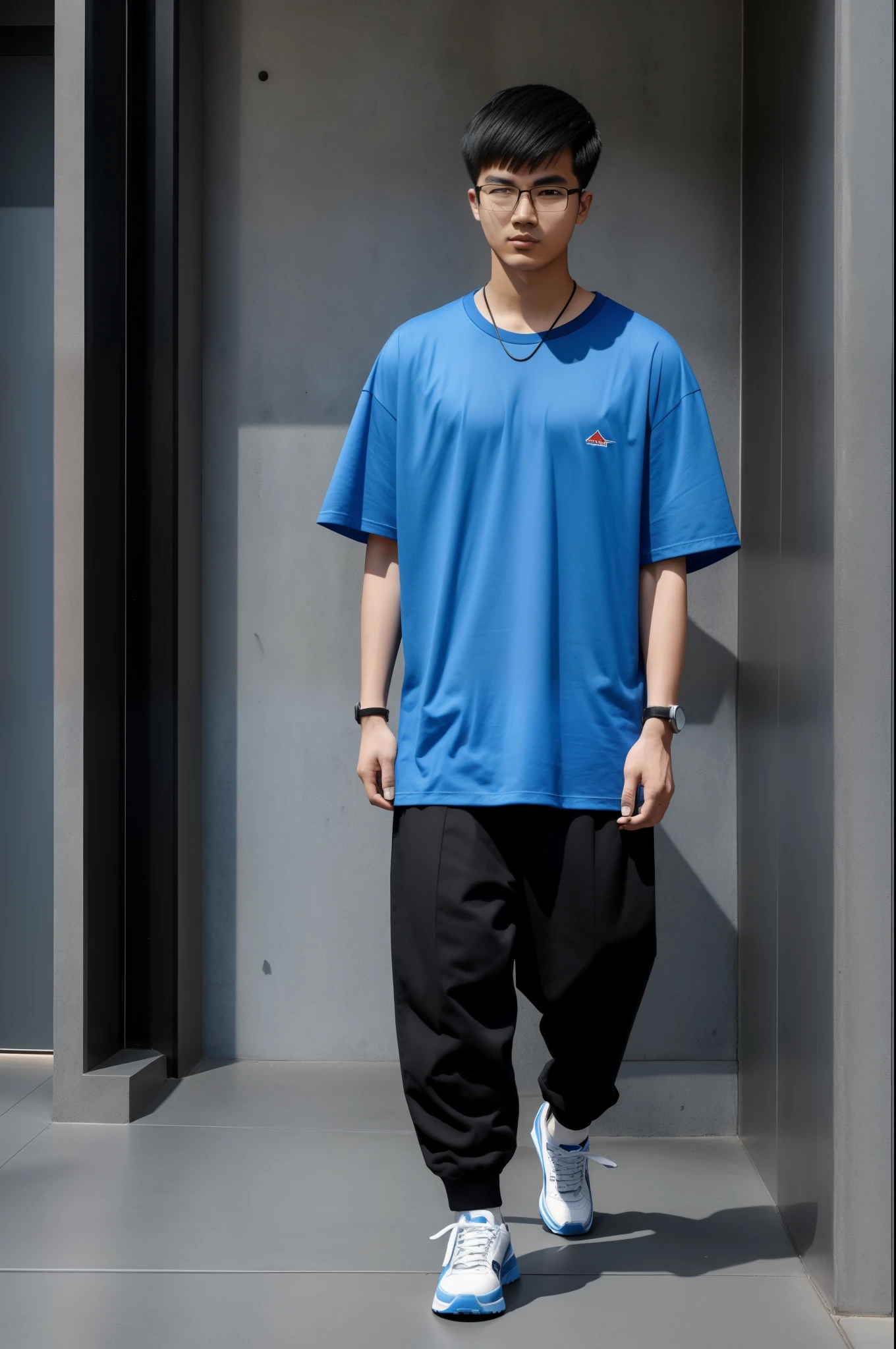 21 year old Beijing boy, he is wearing a oversize xxl blue plain t-shirt, he is wearing black trousers, he is wearing sneakers, he is wearing glasses, city, full body, he is buzz cut Hair, foot, walking