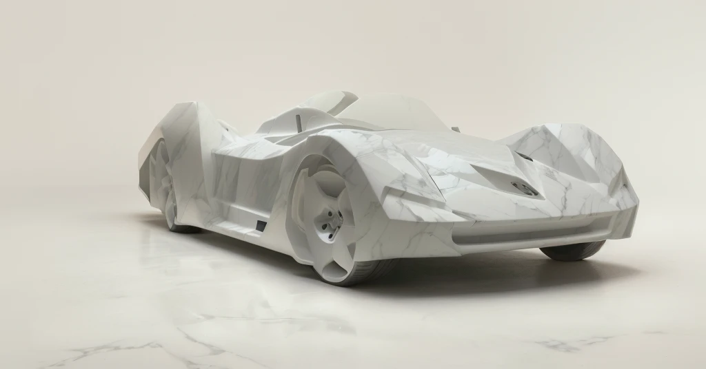 A white marble car is parked on the table, Made of Carrara marble, made of marble, Made of liquid metal and marble, prototype car, a Marble Sculpture, Inspired by William Claisson Hedda, 用白色marble carving而成, Marble Sculpture, Eero Aarnio, marble carving, Marble Sculptures