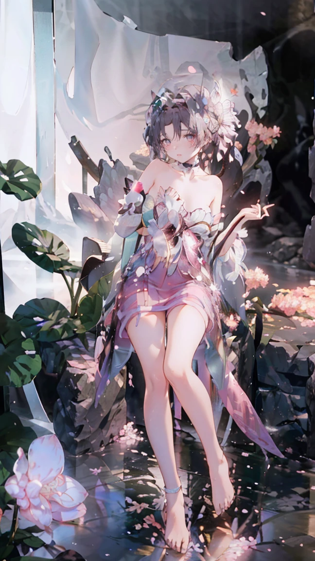 Bare feet,(Pink strapless dress :1.5), silver Long hair, black _ hair band, X-shaped _ eyebrows, hair band, POE _ Hair, bangs, bare shoulders, full body shot, white stockings,(Peach Blossom Forest 1.5)