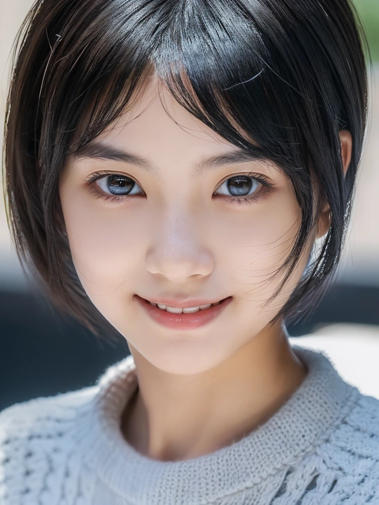 Best-Quality, Masterpiece, Ultra-High-Resolution, (Photorealistic:1.4), Raw-Photo, Hyper-Detailed, 1girl, (15-years-old, Japanese famous idol, wearing loose sweater, portrait, face focus, (twinkle smile, looking at viewer), ((extremely cute face like a the most popular Japanese idol, amazingly beautiful big black eyes, beautiful black short-cut-haired, very beautiful white realistic skins)), detailed face, detailed eyes, detailed hair, detailed white realistic skins