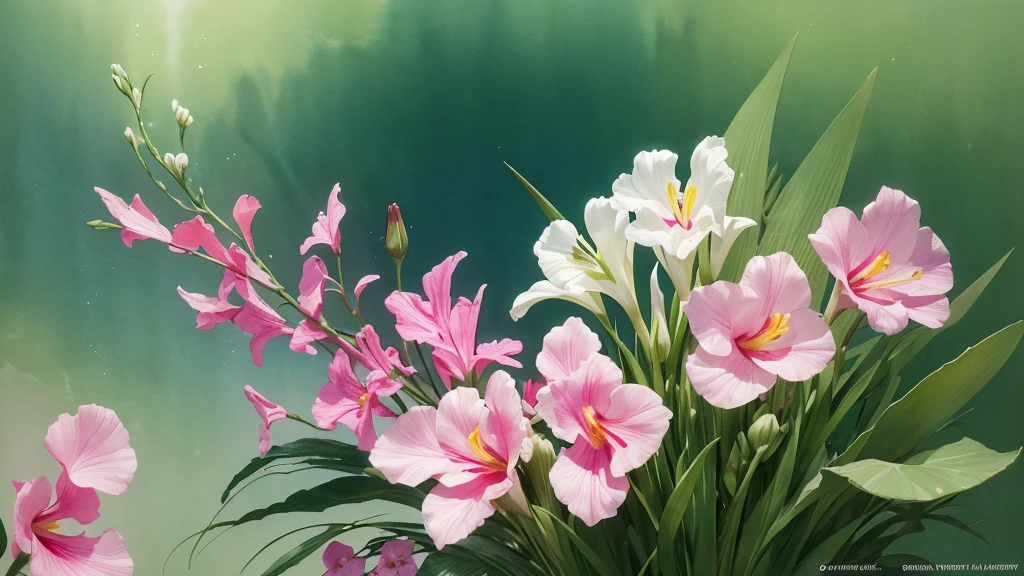 32k, Masterpiece, Highest quality, One girl, Detailed eyes, flower,gladiolus, Green and pink style,A dreamy, romantic piece,Pale pink, Mysterious Leaves,A playful arrangement,Fantasy,High Contrast,Ink strokes,explosion,Exposure, Impression of green and white tones,Abstract,((Watercolours by John Berkey and Jeremy Mann )) Brush strokes,Negative Space, Tyndall effect,