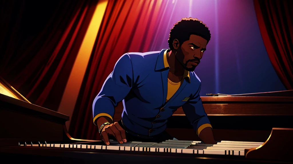 1970s, black man playing a piano, psychedelic atmosphere, cinematic action, masterpiece, super detail, textured skin, atmospheric perspective,