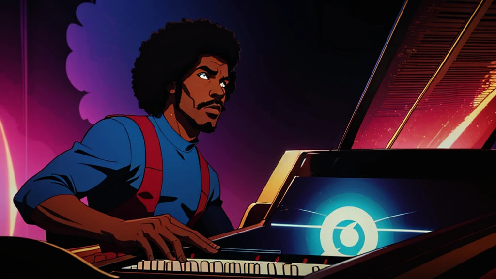 1970s, black man playing a piano, psychedelic atmosphere, cinematic action, masterpiece, super detail, textured skin, atmospheric perspective,