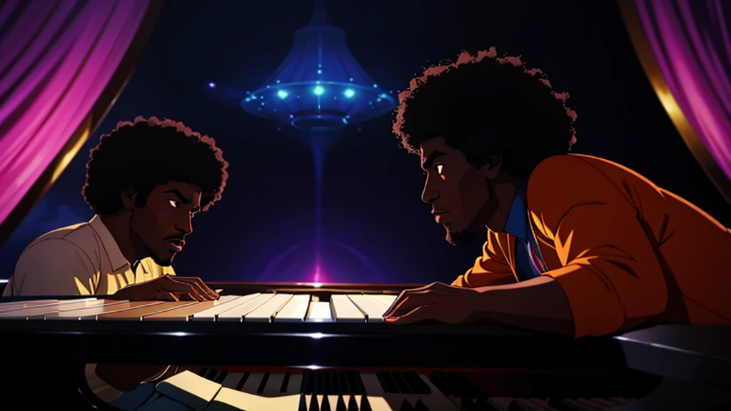 1970s, black man playing a piano, psychedelic atmosphere, cinematic action, masterpiece, super detail, textured skin, atmospheric perspective,
